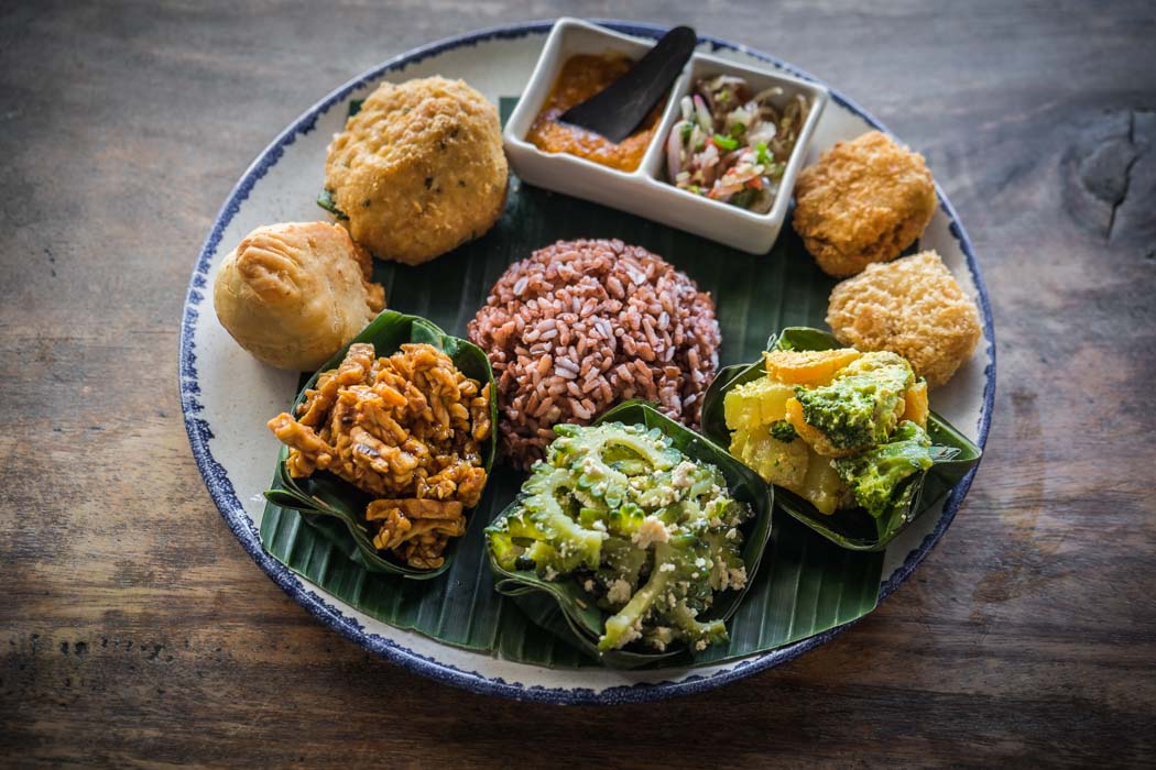 An organic vegetarian nasi campur in a restaurant of Ubud, Bali.