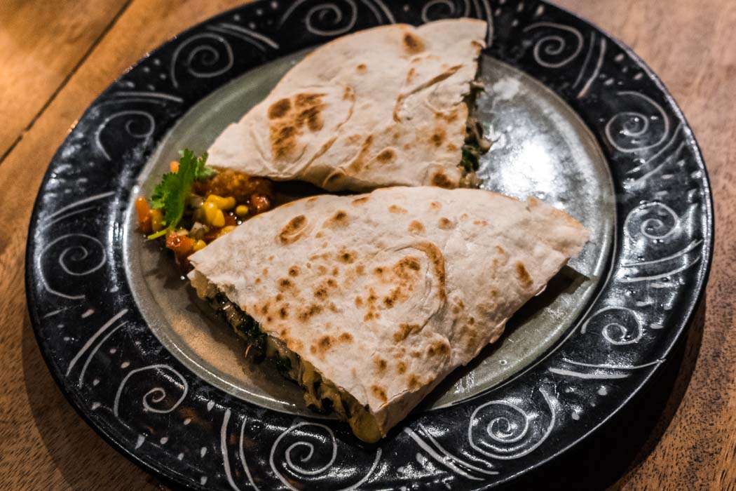 An organic vegetarian quesadilla in a restaurant of Ubud, Bali.