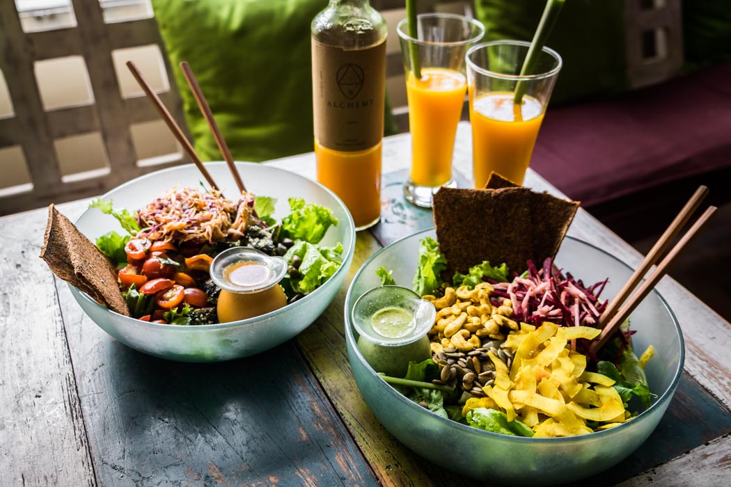 Organic vegetarian raw salads in a restaurant of Ubud, Bali.