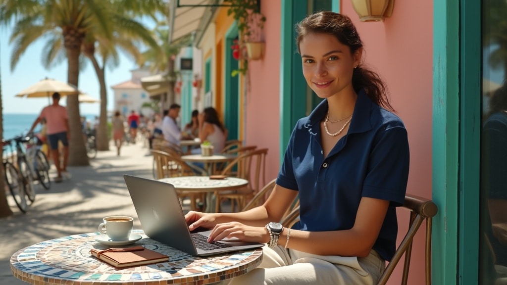 A lady working at an outdoor cafe