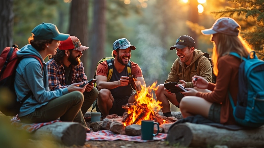 Campfire gathering with caps